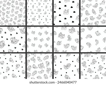 Cute kawaii unicorn mermaid. Seamless pattern. Coloring Page. Fantasy cartoon characters. Hand drawn style. Vector drawing. Collection of design ornaments.