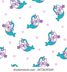 Cute kawaii unicorn mermaid. Seamless pattern. Fantasy cartoon characters. Hand drawn style. Vector drawing. Design ornaments.