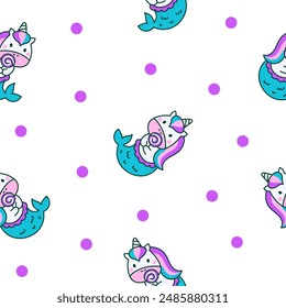 Cute kawaii unicorn mermaid. Seamless pattern. Fantasy cartoon characters. Hand drawn style. Vector drawing. Design ornaments.