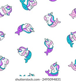 Cute kawaii unicorn mermaid. Seamless pattern. Fantasy cartoon characters. Hand drawn style. Vector drawing. Design ornaments.