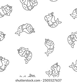 Cute kawaii unicorn mermaid. Seamless pattern. Coloring Page. Fantasy cartoon characters. Hand drawn style. Vector drawing. Design ornaments.