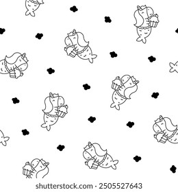 Cute kawaii unicorn mermaid. Seamless pattern. Coloring Page. Fantasy cartoon characters. Hand drawn style. Vector drawing. Design ornaments.