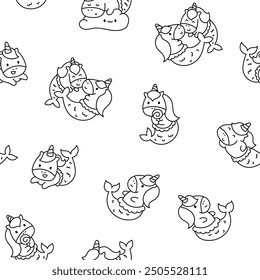 Cute kawaii unicorn mermaid. Seamless pattern. Coloring Page. Fantasy cartoon characters. Hand drawn style. Vector drawing. Design ornaments.