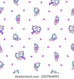 Cute kawaii unicorn mermaid. Seamless pattern. Fantasy cartoon characters. Hand drawn style. Vector drawing. Design ornaments.