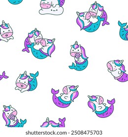 Cute kawaii unicorn mermaid. Seamless pattern. Fantasy cartoon characters. Hand drawn style. Vector drawing. Design ornaments.