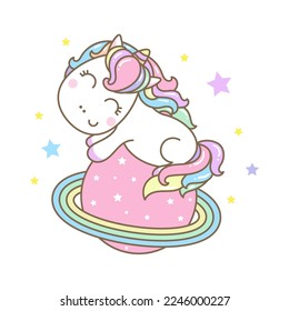 Cute kawaii unicornio en un planeta rosado con anillos arcoiris. Ilustración aislada en fondo blanco. Para el diseño infantil de impresiones, carteles, tarjetas, pegatinas, insignias, etc. Ilustración del vector