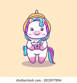 
Cute kawaii unicorn on vacation with hat, bag and camera