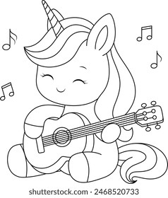 Cute kawaii unicorn is playing guitar coloring page for kids. Animal outline doodle colouring page isolated on white background. Wild animal coloring book for kids