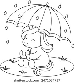 Lindo unicornio kawaii en la lluvia dibujos animados para colorear de personajes para niños. Dibujo para colorear de garabato de contorno animal aislado sobre fondo blanco.  