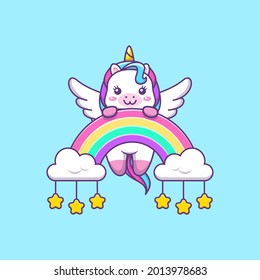 Cute kawaii unicornio con dibujos animados de arcoiris, nubes y estrellas