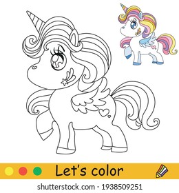 Cute kawaii unicorn with rainbow mane. Coloring book page with colorful template. Vector cartoon illustration isolated on white. For coloring book,preschool education, print, stickers, design and game