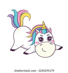 Cute kawaii unicorn and rainbow mane   horn in anime style adorable fantasy manga cute vector art magic creative fairy tale design 