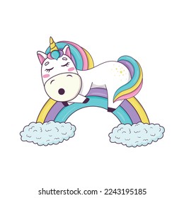 A cute kawaii unicorn and rainbow mane   horn in anime style sleeps rainbow