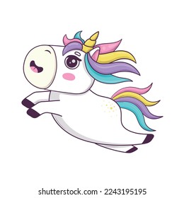 Cute kawaii unicorn and rainbow mane   horn anime style jump   fly