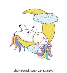 Cute kawaii unicorn and rainbow mane   anime style horn sleeps crescent moon