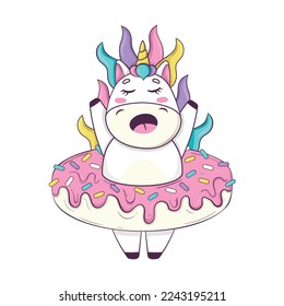 Cute kawaii unicorn and rainbow mane   anime style horn climbed into donut
