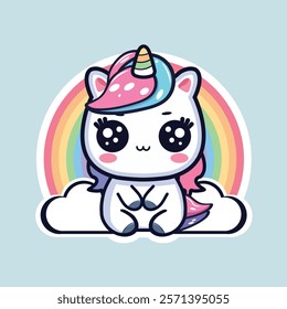 Cute kawaii unicorn with a rainbow, cute sticker design, hand drawn cute kawaii chibi unicorn