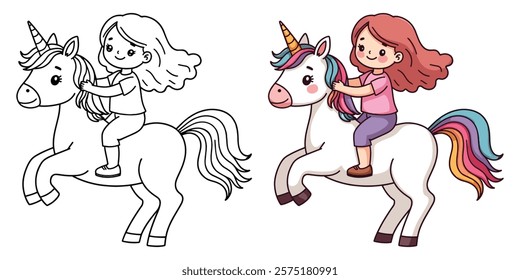 Cute Kawaii Unicorn Ride with a Little Girl Line Art Vector Illustration Black and White with Coloring Sample. Bold and Easy Animals Coloring Pages for Adults and Kids. Kids apparel print design