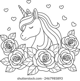 Cute kawaii unicorn and rose flowers coloring page for kids. Animal outline doodle colouring page isolated on white background. Wild animal coloring book for kids