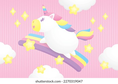 cute kawaii unicorn is running on colorful rainbow with cloud and stars graphic element on sweet pastel pink background illustration vector