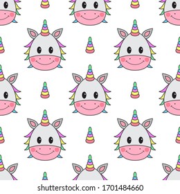 Cute kawaii unicorn seamless pattern. Ornament with smiling funny fairy animal. Design for kid’s clothes, textile, wallpaper, fabric, wrapping, scrap, gift paper. Vector illustration