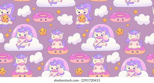 Cute Kawaii Unicorn seamless pattern with rainbow and star. Fairy cute animal children design. Cartoon vector illustration