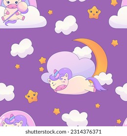 Cute Kawaii Unicorn seamless pattern with rainbow and star. Fairy cute animal children design. Fantasy wallpaper with unicorn and cloud. Cartoon vector illustration