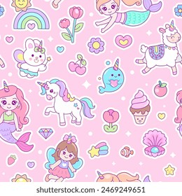 Cute kawaii unicorn seamless pattern vector illustration