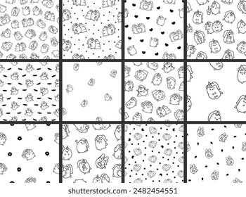 Cute kawaii unicorn. Seamless pattern. Coloring Page. Fairy tale cartoon happy pony characters. Hand drawn style. Vector drawing. Collection of design ornaments.