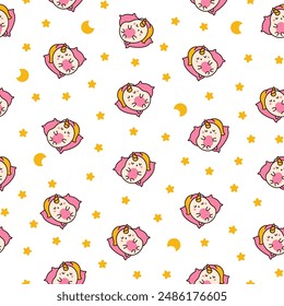 Cute kawaii unicorn. Seamless pattern. Fairy tale cartoon happy pony characters. Hand drawn style. Vector drawing. Design ornaments.