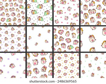 Cute kawaii unicorn. Seamless pattern. Fairy tale cartoon happy pony characters. Hand drawn style. Vector drawing. Collection of design ornaments.
