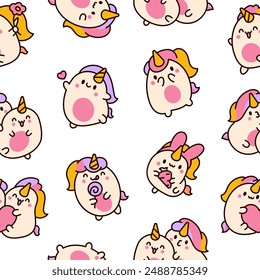 Cute kawaii unicorn. Seamless pattern. Fairy tale cartoon happy pony characters. Hand drawn style. Vector drawing. Design ornaments.