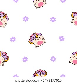 Cute kawaii unicorn. Seamless pattern. Fairy tale cartoon happy pony characters. Hand drawn style. Vector drawing. Design ornaments.