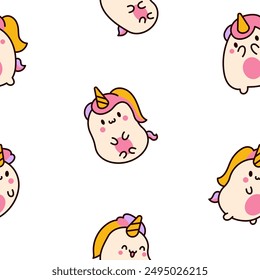 Cute kawaii unicorn. Seamless pattern. Fairy tale cartoon happy pony characters. Hand drawn style. Vector drawing. Design ornaments.