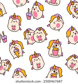 Cute kawaii unicorn. Seamless pattern. Fairy tale cartoon happy pony characters. Hand drawn style. Vector drawing. Design ornaments.