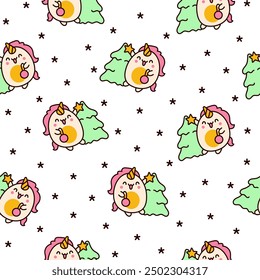 Cute kawaii unicorn. Seamless pattern. Fairy tale cartoon happy pony characters. Hand drawn style. Vector drawing. Design ornaments.