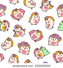 Cute kawaii unicorn. Seamless pattern. Fairy tale cartoon happy pony characters. Hand drawn style. Vector drawing. Design ornaments.