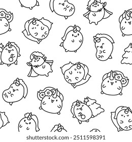 Cute kawaii unicorn. Seamless pattern. Coloring Page. Fairy tale cartoon happy pony characters. Hand drawn style. Vector drawing. Design ornaments.