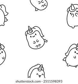 Lindo unicornio kawaii. Patrón sin fisuras. Página para colorear. Personajes de pony feliz de dibujos animados de cuento de hadas. Estilo dibujado a mano. Dibujo de Vector. Diseña adornos.