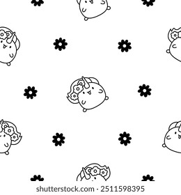 Cute kawaii unicorn. Seamless pattern. Coloring Page. Fairy tale cartoon happy pony characters. Hand drawn style. Vector drawing. Design ornaments.