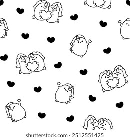 Cute kawaii unicorn. Seamless pattern. Coloring Page. Fairy tale cartoon happy pony characters. Hand drawn style. Vector drawing. Design ornaments.