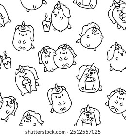 Cute kawaii unicorn. Seamless pattern. Coloring Page. Fairy tale cartoon happy pony characters. Hand drawn style. Vector drawing. Design ornaments.