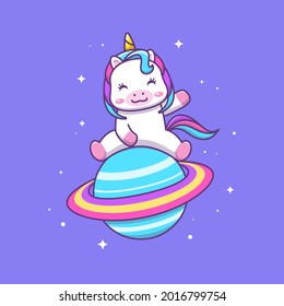 Cute Kawaii Unicorn Sitting On The Planet Cartoon Illustration