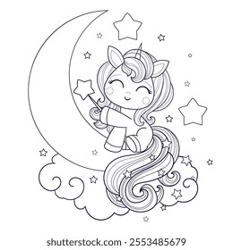 cute kawaii unicorn sitting on the moon with a magic wand. Black and white line drawing. For children's design of coloring books, prints, posters, cards, stickers, etc. Vector illustration