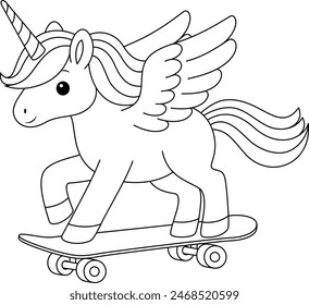 Cute kawaii unicorn skating on a skateboard coloring page for kids. Animal outline doodle colouring page isolated on white background. Wild animal coloring book for kids