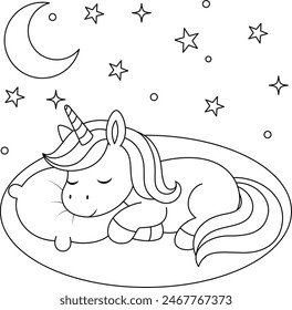 Cute kawaii unicorn sleeping coloring page for kids. Animal outline doodle colouring page isolated on white background. Wild animal coloring book for kids 