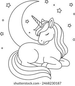 Nettes Kawaii Einhorn ist schlafende Malseite für Kinder. Tierumriss Doodle Färbung Seite isoliert auf weißem Hintergrund. Wildtier-Malbuch für Kinder