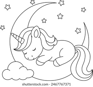 Cute kawaii unicorn sleeping on the moon coloring page for kids. Animal outline doodle colouring page isolated on white background. Wild animal coloring book for kids 