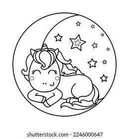 Cute kawaii unicorn sleeps on the moon. Black and white linear image. Doodle style.Round composition. For the design of coloring books, prints, posters, cards, stickers and so on. Vector