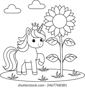 Nette Kawaii Einhorn und Sonnenblumen Malseite für Kinder. Tierumriss Doodle Färbung Seite isoliert auf weißem Hintergrund. Wildtier-Malbuch für Kinder 